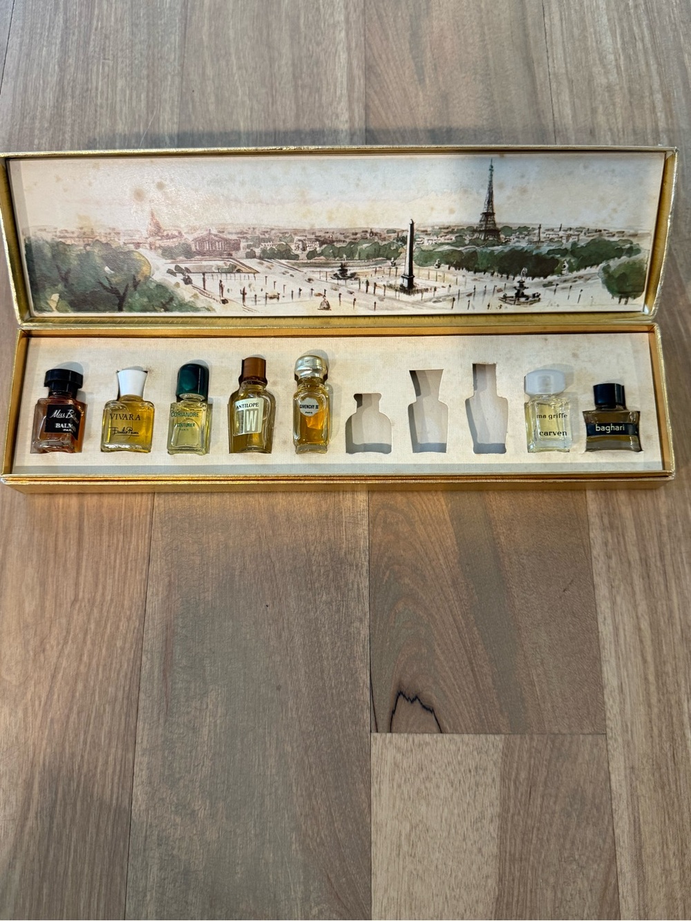 Vintage Mini Perfume Bottle Set with Paris Illustration - Gold & Clear Bottles